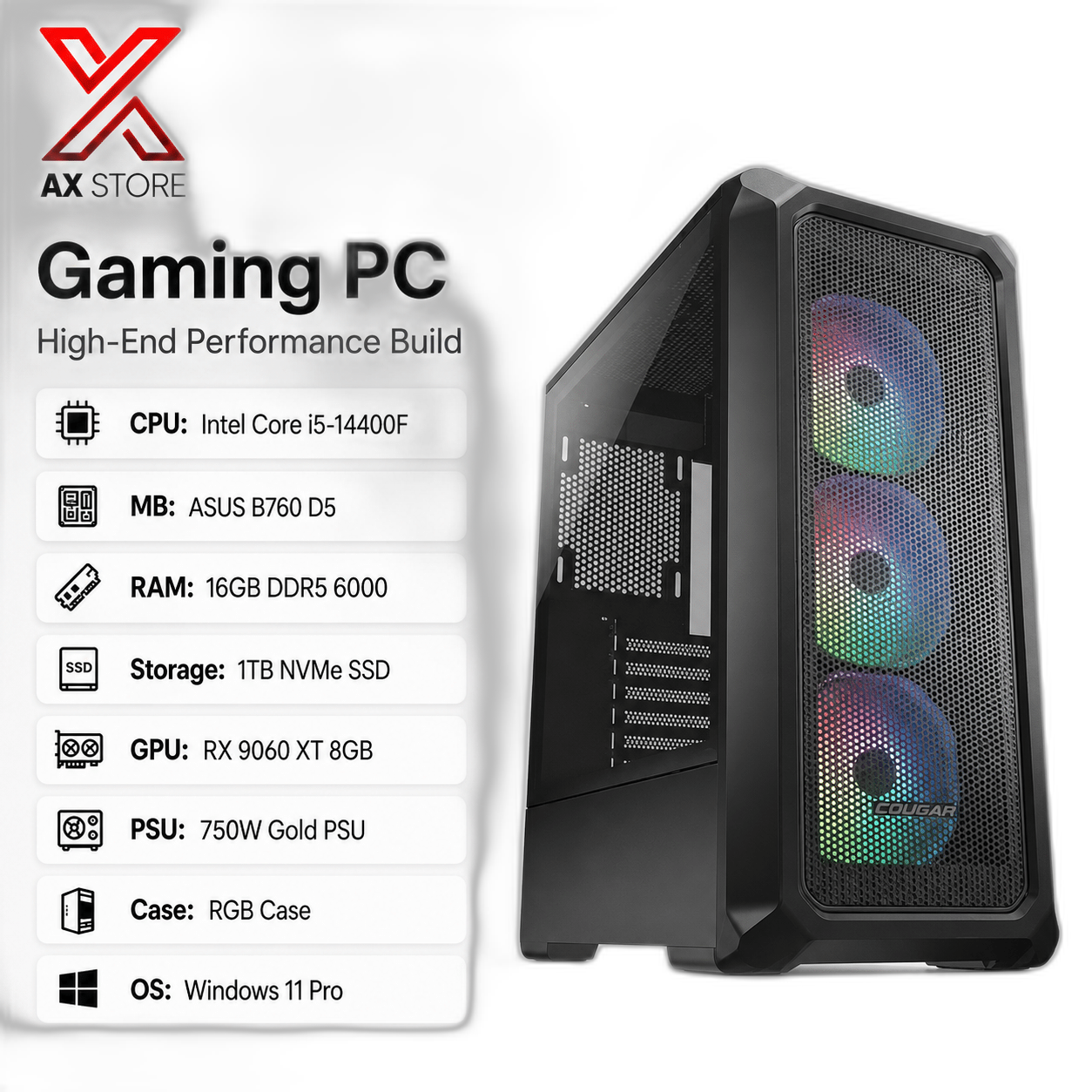 RX 9060 XT Gaming PC, Intel i5-14400F