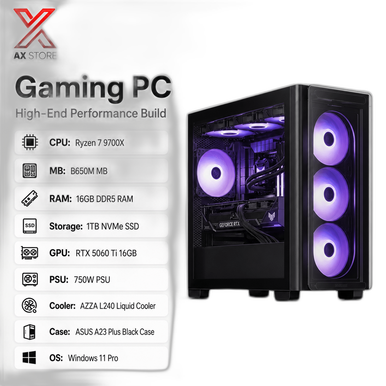 RTX 5060 Ti Gaming PC, Ryzen 7 9700X