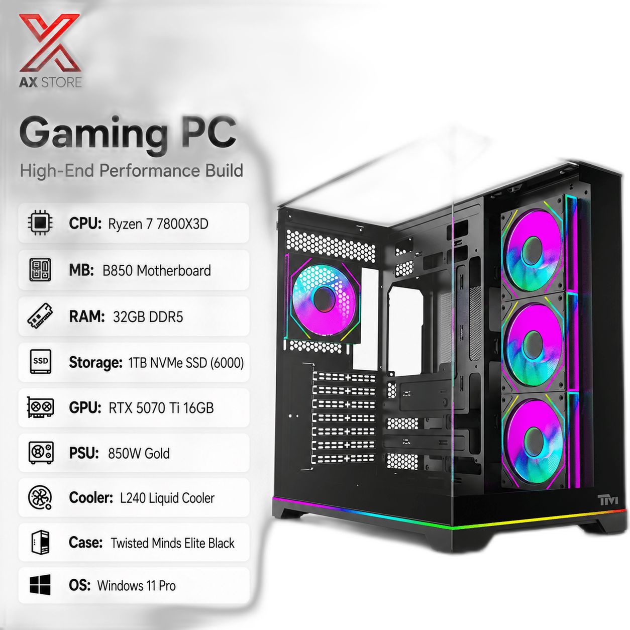 RTX 5070 Ti Gaming PC, Ryzen 7 7800X3D