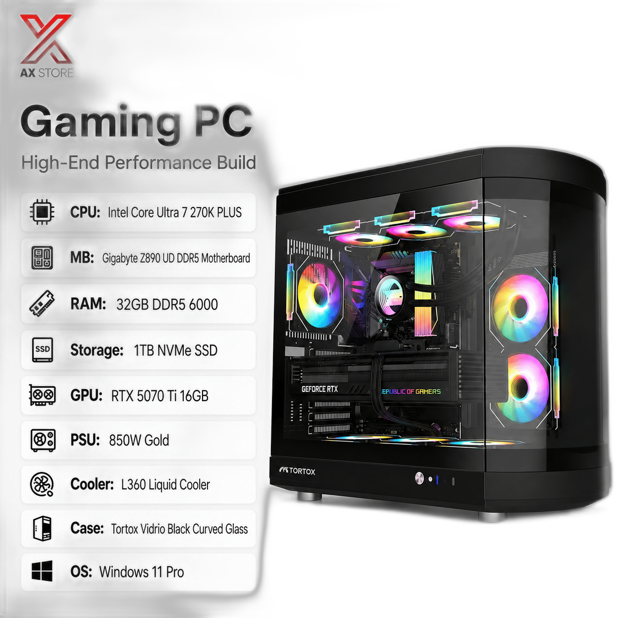 RTX 5070 Ti Gaming PC, Intel Core Ultra 7 270K